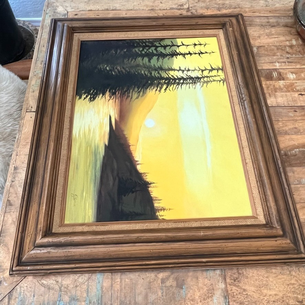 Oil Painted Landscape of a Sunset Over Water w Trees Wood Frame 18 x 24" Gloria